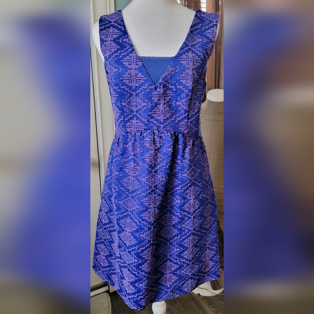 Maeve Anthropologie Avery Aztec Brocade Shift Dress Womens 4 Blue Mauve Sleevele